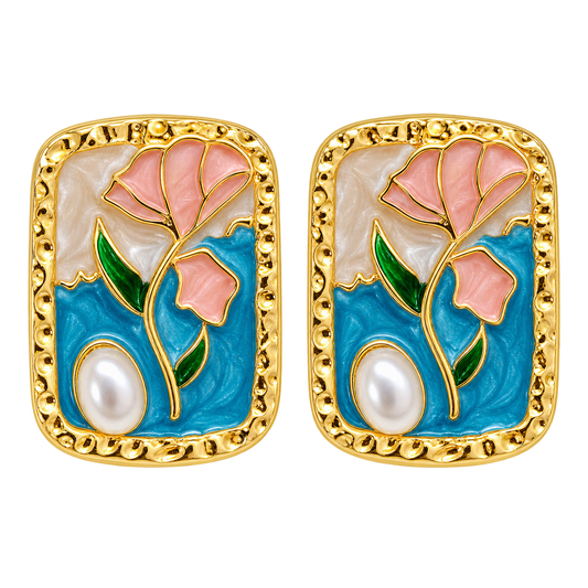 Flora Pearl - Enamel Stud Earrings